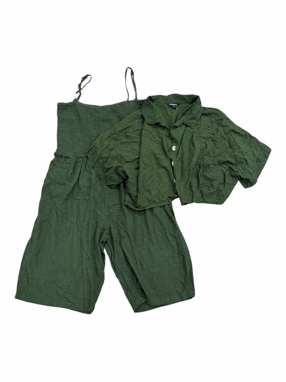 Cassee’s Olive Green Linen Blend Cropped Top & Wide-Leg Jumpsuit Set 3X - Picture 1 of 4